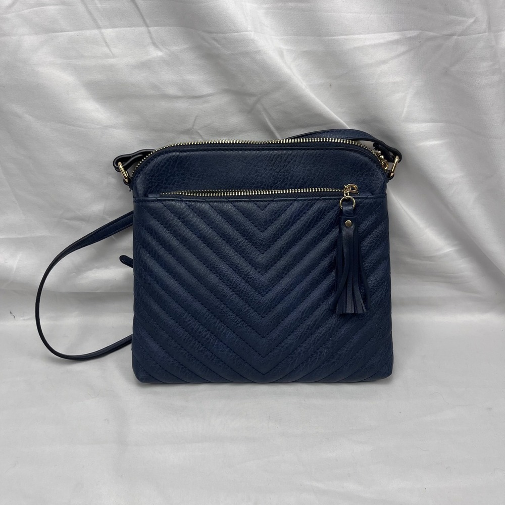 Madison West Quilted Tassel Vegan Leather Navy Blue Crossbody‎ Bag